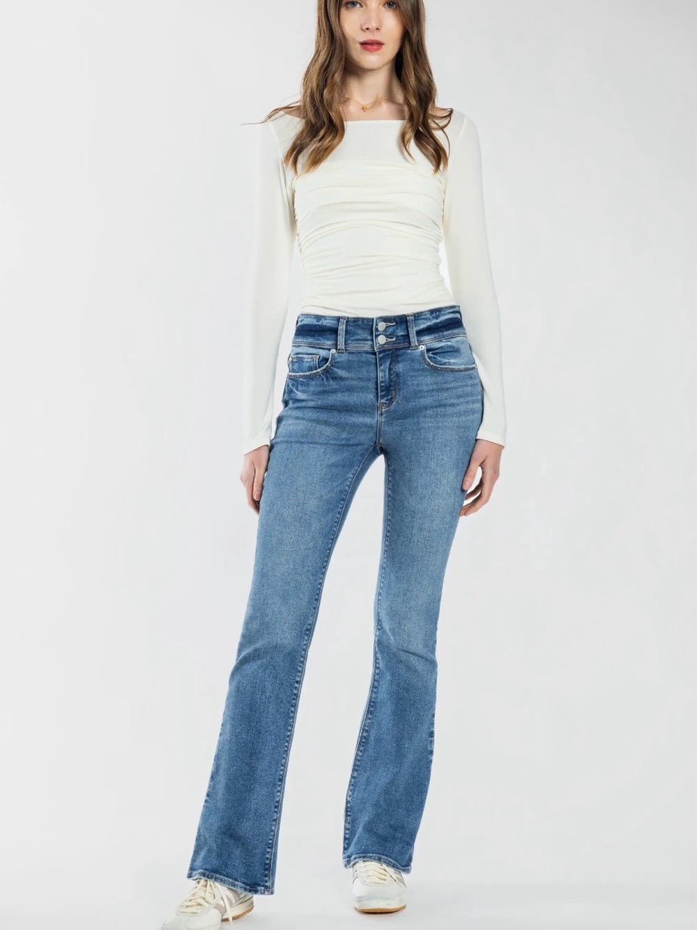 Enjeans Classic High-Rise Blue Jeans for Women - Boot Cut with Double Button